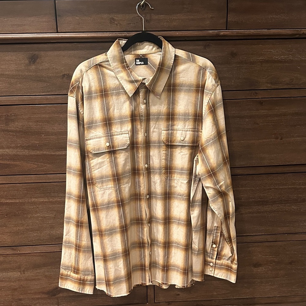 The Kooples Men's Checkered Cotton Button Down Shirt Tan Brown Raw Hem XL NWT